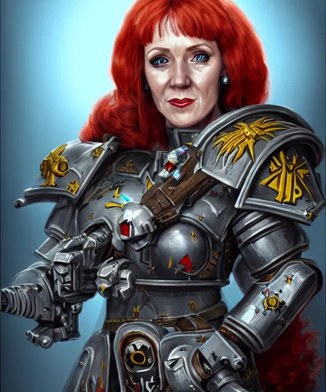 Image similar to Angela Rayner as a Warhammer 40k Battle Sister, portrait, highly detailed, intricate, concept art, artstation