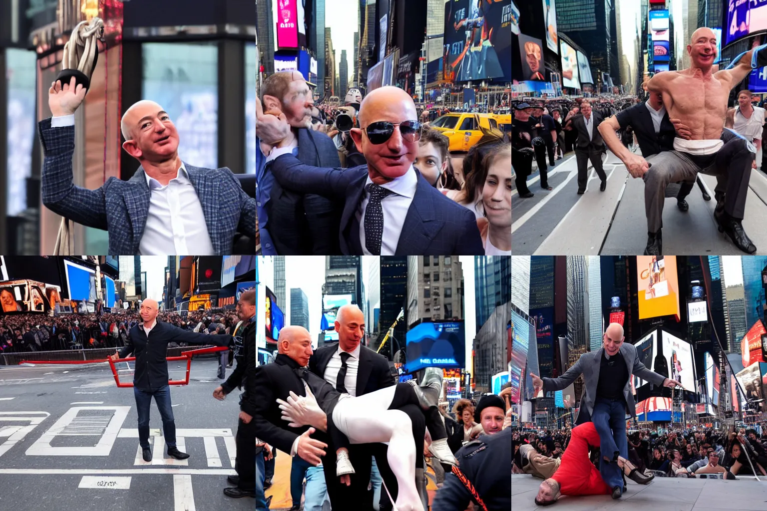 Prompt: Jeff Bezos being dragged to the guillotine in the middle of Times Square,