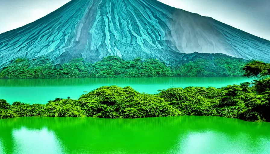 Image similar to a beautiful green scene, guatemalan lake full of water, volcano in background, high definition, beautiful award winning photography, 8 k.