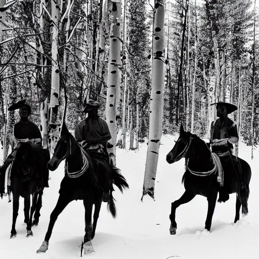 Image similar to photograph of savage plains indians on the warpath riding horses through some aspen trees in the snow attacking