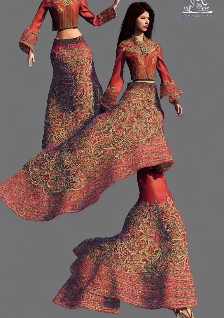 Prompt: cloths on mexican style, high detailed intricate fashion clothing, cotton texture, silk colors, ultra realistic, octane render, volumetric lights, long, wide skirts, loose - fitting blouses, elaborate hairstyles, and intricate embroidery, female cloths