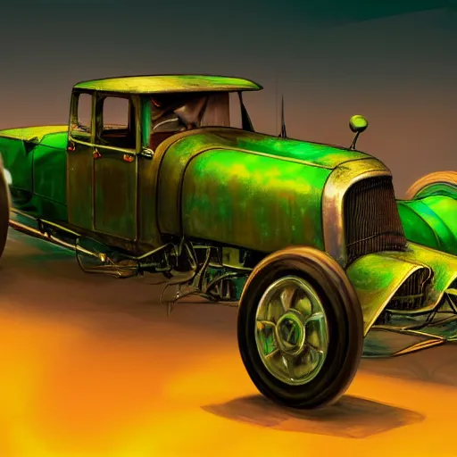 Image similar to Rusty transformer of a 1920 race car, autobots, transformer, soft green lighting, highly detailed, digital painting, artstation, concept art, smooth, sharp focus, illustration