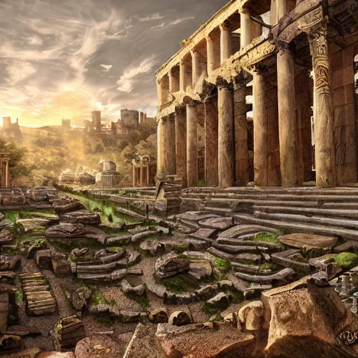 Prompt: sprawling roman city built in the roots of a collosal tree, wide shot, digital art, detailed, fantasy