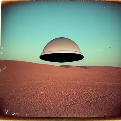 Prompt: a flying saucer hovering over the desert at night, distant!!, historical photo, old polaroid, expired film,