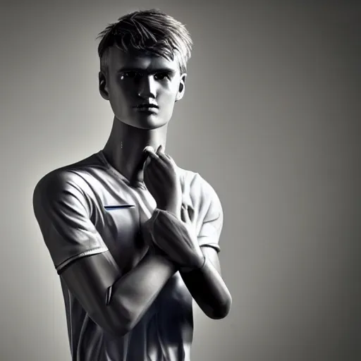 Image similar to a realistic detailed photo of a guy who is an attractive humanoid who is half robot and half humanoid, who is a male android, soccer player martin ødegaard, shiny skin, posing like a statue, blank stare, in a bed room, on display