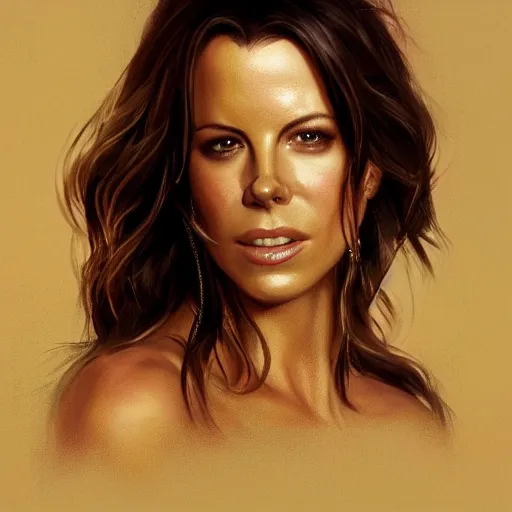 Image similar to closeup portrait of a kate beckinsale, seductive smile, chiaroscuro, city background, golden hour, dramatic lighting, complementary contrast, high detail, painted by greg rutkowski, painted by igor kieryluk, trending on artstation