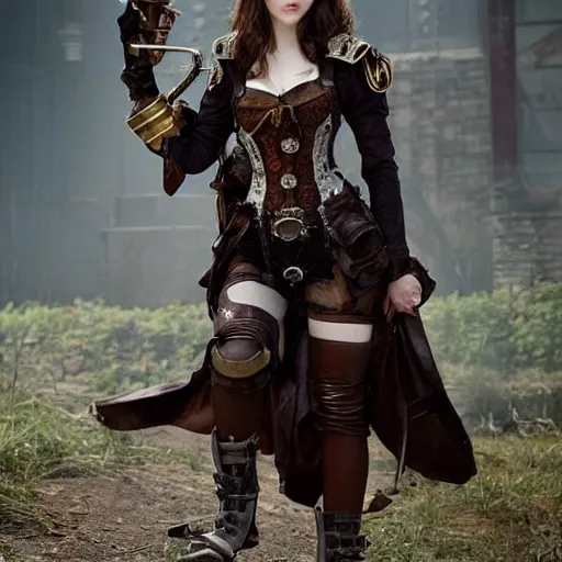 Image similar to full shot photo of alexandra daddario as a steampunk warrior