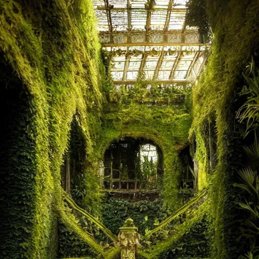 Image similar to a dream about opulent, ornate, abandoned overgrown Palace of Versailles, lush plants growing through the floors and walls, walls are covered with moss and vines, wet floors, beautiful, dusty, golden volumetric light shines through giant broken windows, golden rays fill the space with warmth, rich with epic details and dreamy atmosphere