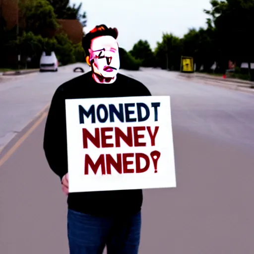 Image similar to elon musk begging money on streets holding sign'need money ', photorealistic, canon 3 5 mm photography