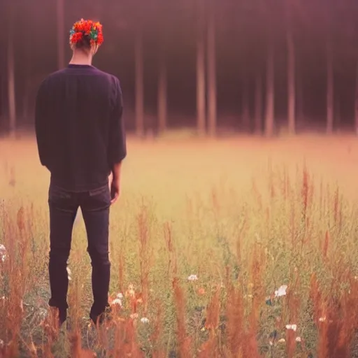 Image similar to kodak portra 4 0 0 photograph of a skinny blonde guy standing in field of dead trees, back view, flower crown, moody lighting, telephoto, 9 0 s vibe, blurry background, vaporwave colors, faded!,