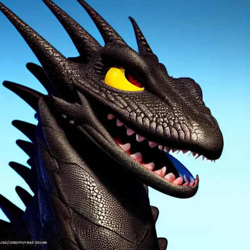 Image similar to black dragon new pixar dreamworks character, highly detailed, extremely high quality, hd, 4 k, 8 k, professional photographer, 4 0 mp, lifelike, top - rated, award winning, cinematic, realistic, detailed lighting, detailed shadows, sharp, no blur, edited, corrected, trending - w 8 3 2