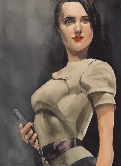 Image similar to detailed artwork by phil noto ; stylized painting of young jennifer connelly from the rocketeer ; brush texture ; asymmetric composition ; paint texture ; trending on artstation ; gallery painting by phil noto in the comic book style of phil noto