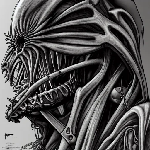 Image similar to nazgul by yoshitaka amano, by hr giger, biomechanical, profile portrait, 4 k, wide eyes, hyper detailed, hyperrealism, anime