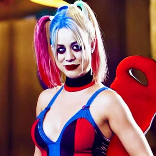 Image similar to A still of Kaley Cuoco as Harley Quinn