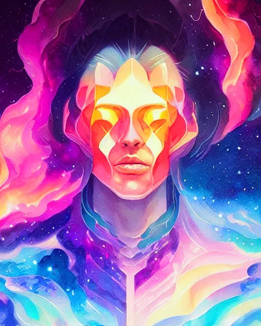 Prompt: synthwave ice fire portrait, shattering galaxy geometric watercolor art by peter mohrbacher and artgerm