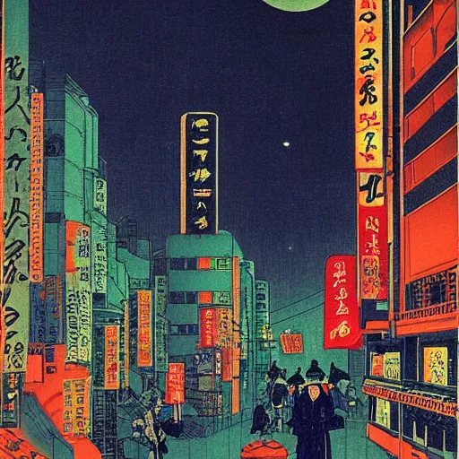 Prompt: Neon Tokyo bathed in moonlight by Hasui Kawase and Lyonel Feininger