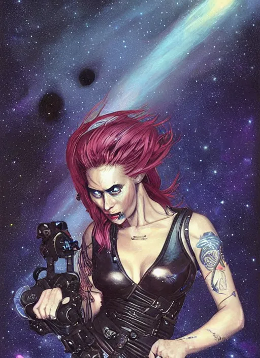 Image similar to portrait of female space pirate, night sky background, beautiful! coherent! by brom, deep color, strong line, high contrast