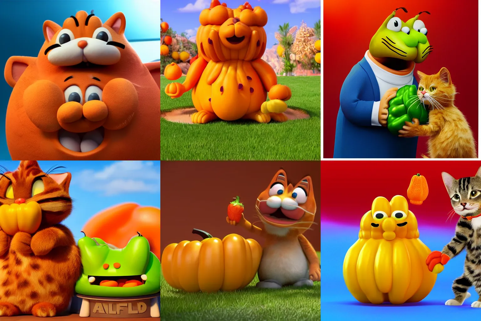 Prompt: garfield the cat holding a giant bellpepper, promotional movie art,cgi,clean white background