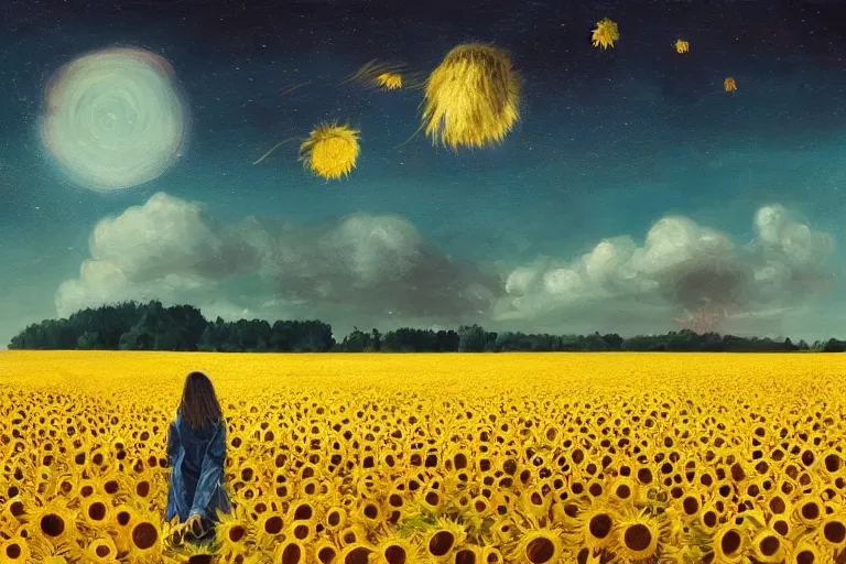 Image similar to giant sunflower as a head, girl walking in wheat field, hills, surreal photography, dark night, star trails, dramatic light, impressionist painting, clouds, digital painting, artstation, simon stalenhag