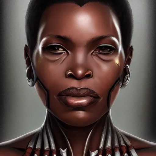 Image similar to beautiful, very strong, wakanda warrior woman, middle aged, face, no makeup, no tattoos, warrior, battle hardened, head shot, fantasy, highly detailed, digital painting, artstation, concept art, smooth, sharp focus, illustration, art by jodie muir and brom