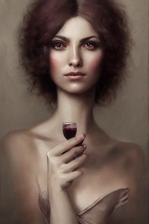 Prompt: a stunning ultra realistic fine art painting of a female wine expert , by tom bagshaw, studio portrait, muted colors, detailed hair, 4K