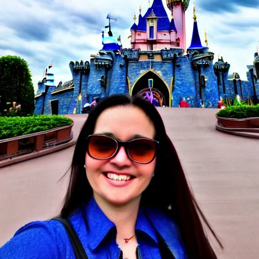 Image similar to high detail selfie by a woman, disneyland castle in background, taken on iphone, 4 k