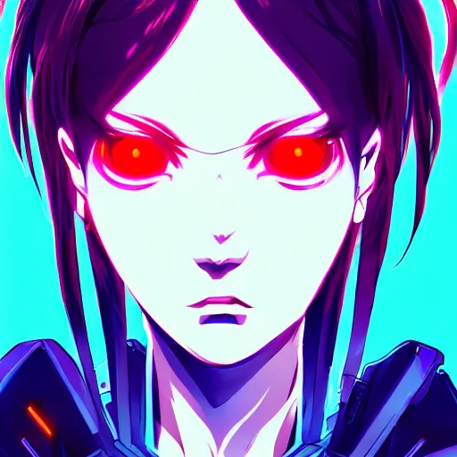 Image similar to digital cyberpunk anime character concept art, gorgeous anime girl symmetrical face, small female android cyborg - angel, glowing red left eye and glowing blue right eye, fullbody!! wlop, rossdraws sakimimichan, ilya kuvshinov, krenz cushart, greg rutkowski.