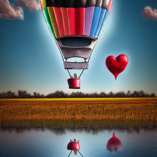 Prompt: realistic extremely detailed photo style painting of a hot air balloon with a picture of two black swans swimming, touching heads, forming a heart with their necks, granular detail, holographic krypton ion, octane render, 4k, f32,55mm photography, wide angle