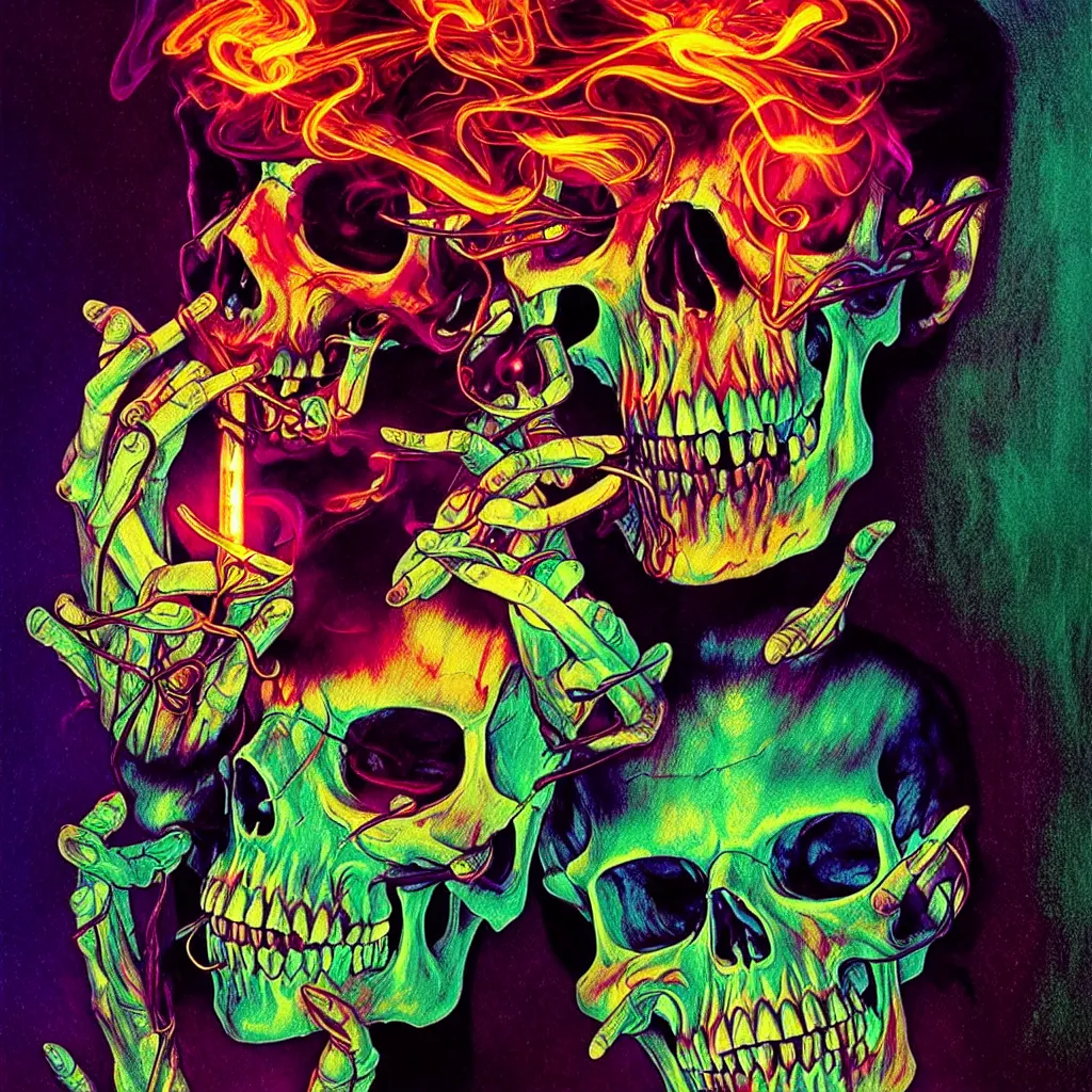 Image similar to bright psychedelic photo of BILL HICKS SKULL SMOKING, diffuse lighting, fantasy, intricate, elegant, highly detailed, lifelike, photorealistic, digital painting, artstation, illustration, concept art, smooth, sharp focus, art by John Collier and Albert Aublet and Krenz Cushart and Artem Demura and Alphonse Mucha