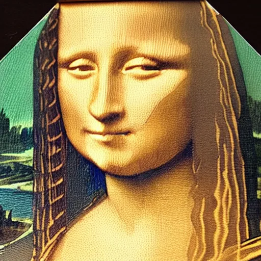 Image similar to a watercolor version of the mona lisa, textured paper on a wooden desk, top down view