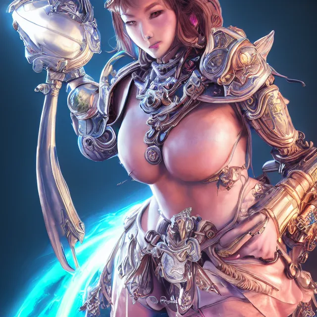 Image similar to studio portrait of lawful good colorful female holy mech paladin as absurdly beautiful, elegant, young sensual gravure idol, ultrafine hyperrealistic detailed face illustration by kim jung gi, irakli nadar, intricate linework, sharp focus, bright colors, matte, octopath traveler, final fantasy, unreal engine highly rendered, global illumination, radiant light, intricate environment