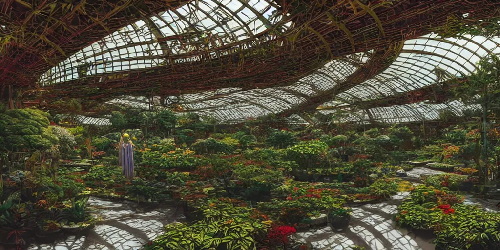 Prompt: alien greenhouse interior with circular windows, inspired by Frank Lloyd Wright, natural sunlight, bright colors, romantic greenery, flowers, cinematic, cyberpunk, lofi, calming, dramatic, fantasy, by Moebius, by zdzisław beksiński, cyberpunk LUT, high contrast, epic composition, sci-fi, dreamlike, surreal, angelic, 8k, unreal engine, hyper realistic, fantasy concept art,