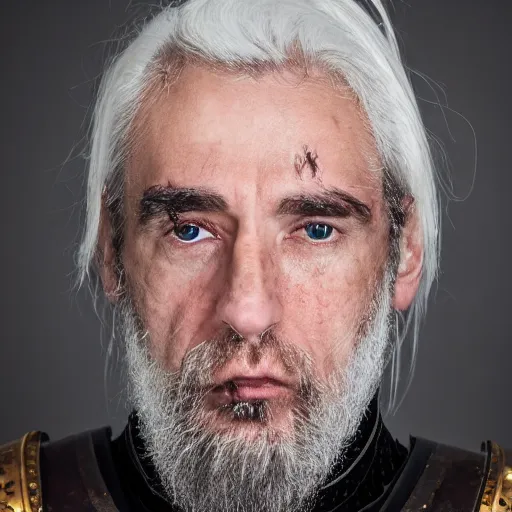 Prompt: Portrait Photography of a middle-aged man with milk white hair, ponytail, scars, medieval cotton clothes with leather full body armor