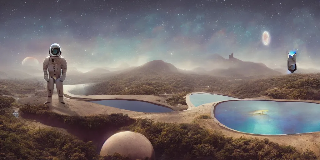 Prompt: artgem and Beeple masterpiece, hyperrealistic surrealism, wide angle landscape in California, award winning masterpiece with incredible details, epic stunning, infinity pool, a surreal liminal space, highly detailed, trending on ArtStation, calming, meditative, surreal, sharp details, dreamscape, giant head statue ruins, astronaut, crystal clear water