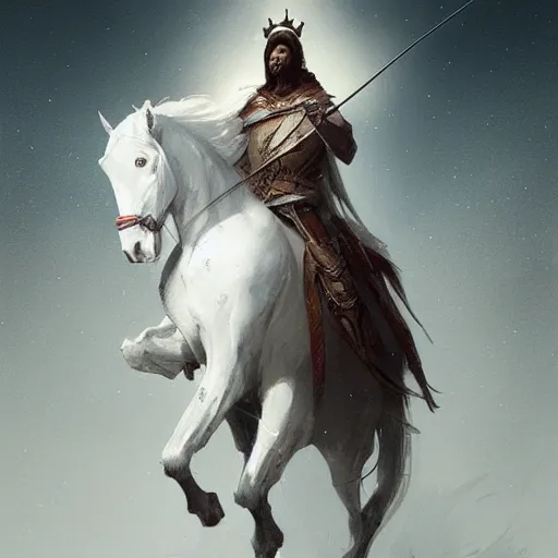 Image similar to a white horse The one who rode him carried arrows and a bow in his hand, and they gave him a crown, digital Art, Greg rutkowski Trending artstation