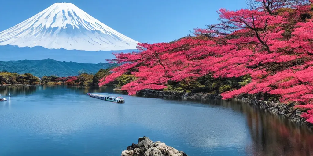 Prompt: five lakes under mt. fuji, a train weaving through the mountains and ravines, a speedboat racing across the lake in the distance