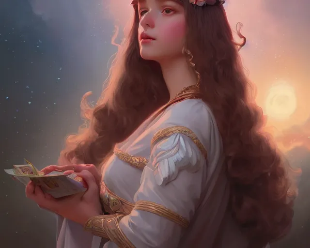 Image similar to sweet innocent kind loving angel girl, photography of kurzgesagt, deep focus, d & d, fantasy, intricate, elegant, highly detailed, digital painting, artstation, concept art, matte, sharp focus, illustration, hearthstone, art by artgerm and greg rutkowski and alphonse mucha