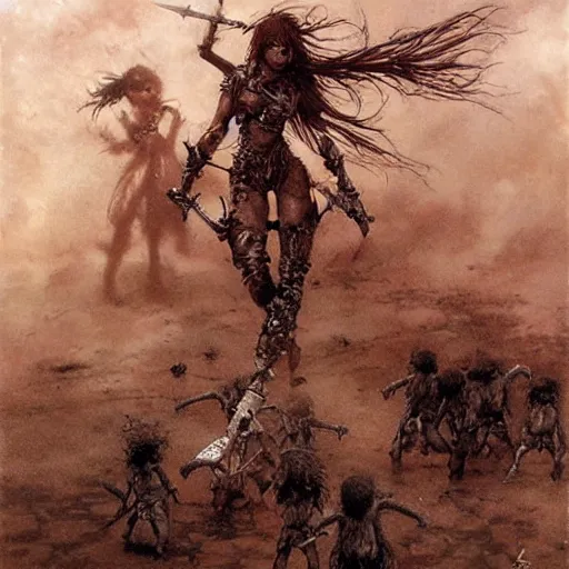 Prompt: barbarian girl fighting small cute goblins by Luis Royo and Beksinski