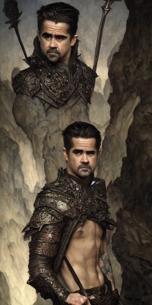 Image similar to colin farrell, tattoos, dungeons and dragons, fame of thrones masterpiece by edgar maxence and ross tran and michael whelan, gustav dore, 8 k, octane render