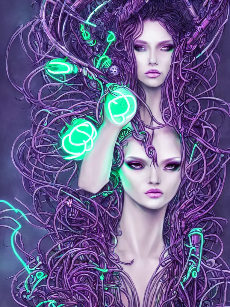 Image similar to half body portrait of a beautiful cyber witch medusa, in a cyberpunk garden, mystic unity, elegant pose, body covers with neon crystals, detailed sketch drawing, concept art, star wars