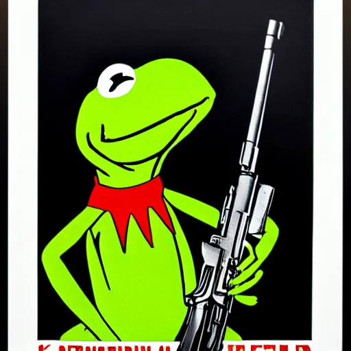 Image similar to Kermit holding a Kalashnikov rifle, side profile, two tone, propaganda poster, oppressive, weathered poster, very detailed, stark, cold war aesthetic