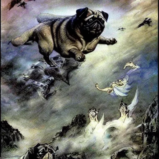 Prompt: a magical land of flying pug dogs, luis royo, frazetta, whealan,