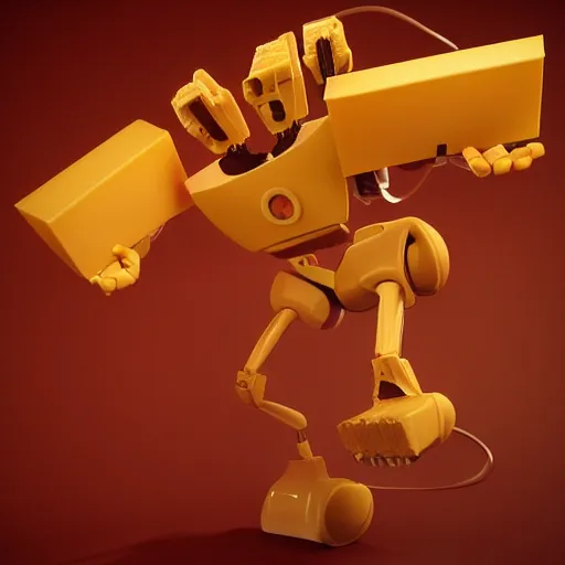 Prompt: sliced american cheese robot cyborg realistic cinematic lighting 3d redshift.