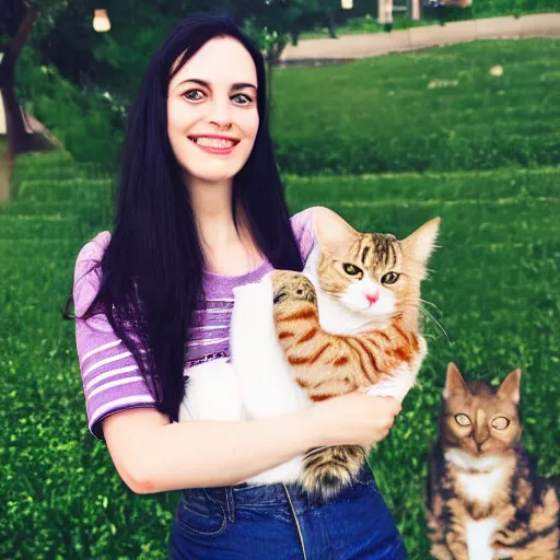 Prompt: a selfie of a a girl with long dark hair holding a cat in her arms, pexels contest winner, rasquache, high quality photo, rtx, hd, shiny eyes, a renaissance painting by sailor moon