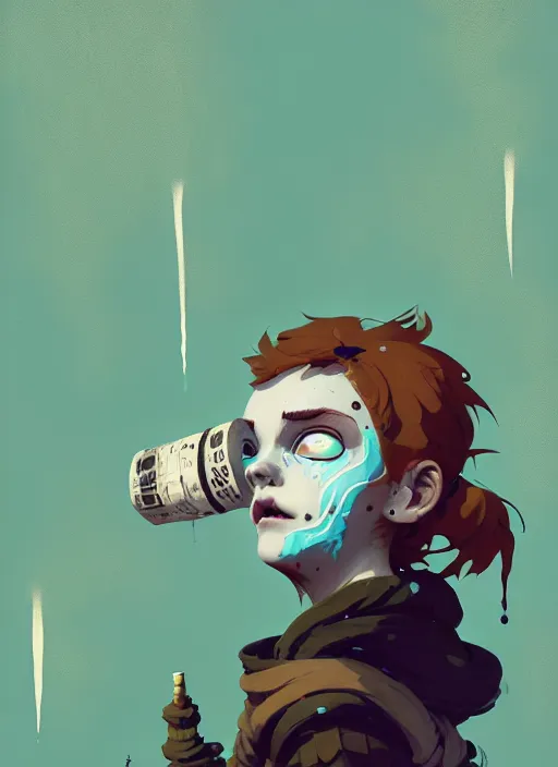 Image similar to highly detailed portrait of a sewer punk 2 1 year old lady with white graffiti face paint by atey ghailan, james gilleard, by joe fenton, by greg rutkowski, by greg tocchini, by kaethe butcher, 4 k resolution, gradient yellow, black, brown and cyan color scheme, grunge aesthetic!!! ( ( dystopian graffiti tag wall in background ) )