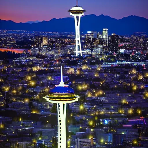 Prompt: vivid and beautiful aroura in figure virgin mary radiating above space needle centered big sky film long exposure fuji wide angle national geographic - n 4