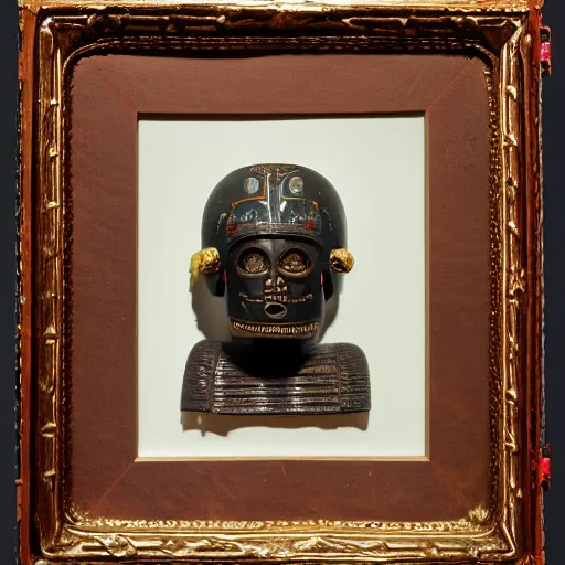 Image similar to photo portrait of precolumbian aztec astronaut helmet with fine detail engravings and runes cultist lord rich baron by Diane Arbus and Louis Daguerre