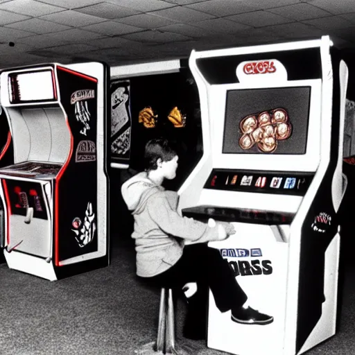 Prompt: geese playing arcade machines, 1 9 8 5