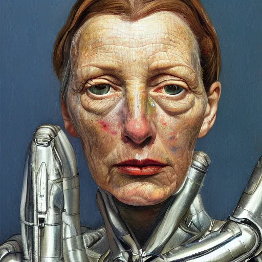 Image similar to high quality high detail painting by lucian freud, hd, woman with scifi suit