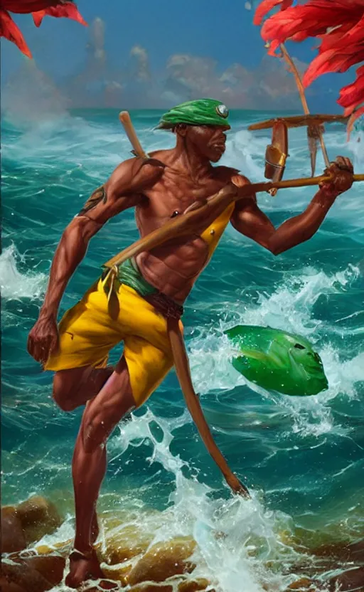 Image similar to character concept of a singular Jamaican fisherman posing in a battle stance in the Jamaican sea, colors of Jamaica, full-body character concept, cinematic, by Ross Tran and Artgerm and Peter Mohrbacher